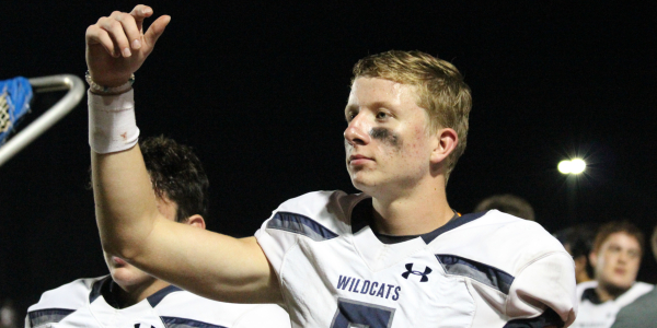Celebrating the win against the Tomball Cougars, Galban turns to face the fans.