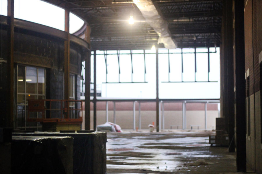 Renovations to make the cafeteria bigger to accommodate a larger school population.